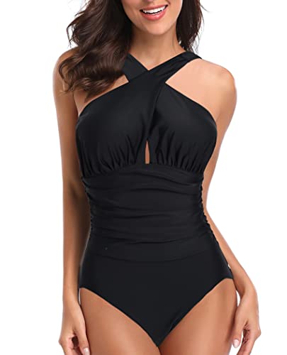 Donpapa Badeanzug Damen Bauchweg Bikini Bademode Badekleid Einteiliger Mit Shaping Effekt Push Up Monikini V Ausschnitt Triangel Schwarz2 XL Cover