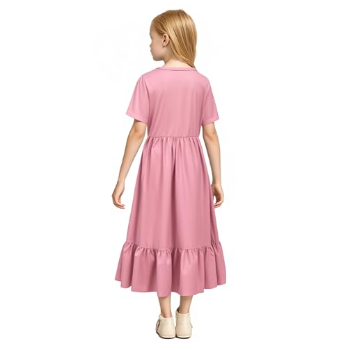 LQSZ Girls Maxi Summer Dress with Pocket Short Sleeve Spring Boho Long Sundress Casual School for Kids Size 3-12 Years2