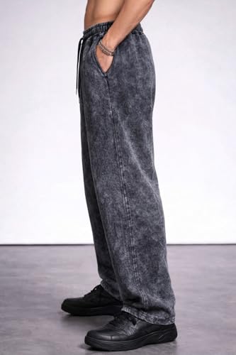 Image of boffi ... 100% Cotton Men's Relaxed Fit Pants, Wide Leg Fit, Acid Wash, Drawstring Elastic Waist, Casual Street Style