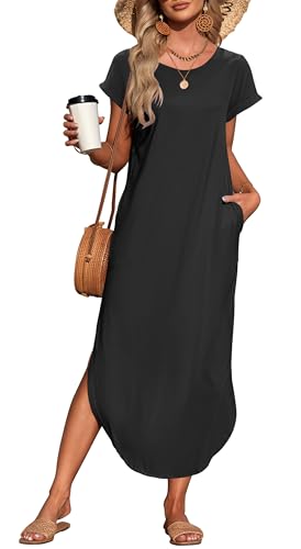 WNEEDU Womens Summer Dresses Casual Loose Short Sleeve Long T Shirt Dress Split Maxi Beach Sundress Travel Vacation Outfits