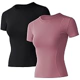 Loovoo Women's Workout Tops 2 Pack Short-Sleeves Crewneck Compression Seamless Athletic Yoga Tee Gym