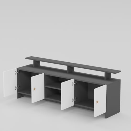 Image of Modern TV Unit for Living Room | Wooden TV Cabinet with Open Shelf & Storage | Entertainment Unit | Assembly-DIY | Color-Grey & White