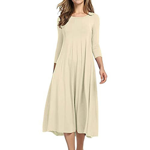 Tragen Sie für Damen, modisch, lässig, einfarbig, Rundhalsausschnitt, lange Ärmel, wadenhoch, schwingendes Kleid, lange Ärmel, Tunika-Kleid,...