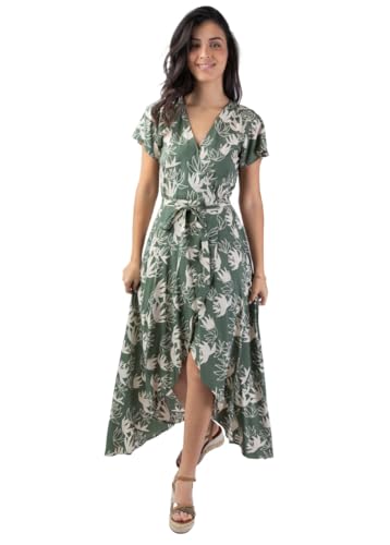 Robe longue kaki Sakura motif fleur de lotus anti-froissement été