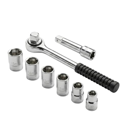 Bruvon Juego básico de Llave de Carraca Reversible 1/2 Pulgadas con Set de 6 Dados Hexagonales, Herramientas con Extensión 75mm, Acero Cromo Vanadio