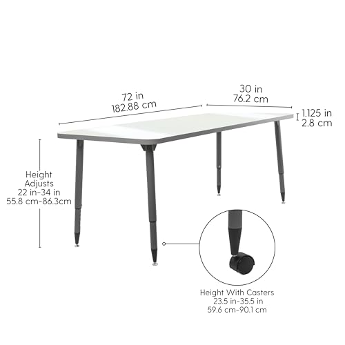 Image of Adapte Commercial Dry-Erase Classroom Activity Table - 30 inch x 72 inch Rectangle Whiteboard, ADA Compliant Tapered Legs, Glides & Casters Adjustable Height 22-34 inch Wheelchair Accessible, School Furniture