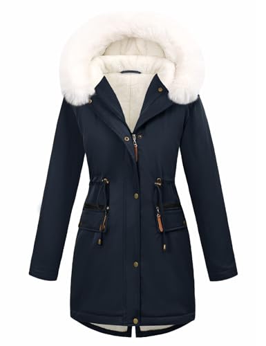 Tuopuda Manteau Femme Hiver Chaud Doudoune Long Parka Manteau Doublé de Polaire Capuchon d'hiver Blouson avec Fermeture éclair Veste Manteaux Epaissé(Bleu...