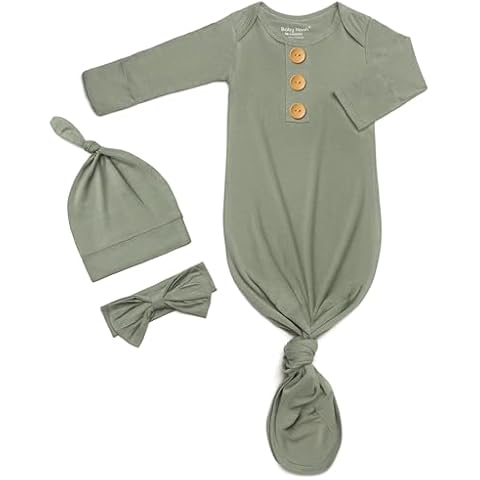 Soft Newborn Knotted Gown with Hairband and Hat, Baby Boy Girl Coming Home Outfit, Sleeper Baby Sleep Gown with Mittens (ArmyGreen, Newborn) Cover
