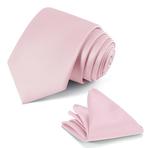 JUNMEISI Light Pink Tie Set in Gift Box Mens Solid Color 3.15 (8CM) Light Pink Necktie and Pocket Square Set
