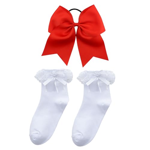 Schleife Haargummi Rot Große, Rüschen Spitze Knöchelsocken Baumwolle, Schleife Haarseil Cheerleader Haarschmuck Kopfbedeckung für Damen Mädchen Weihnachtsfeier, Karneval Motto Party (color-red-1)