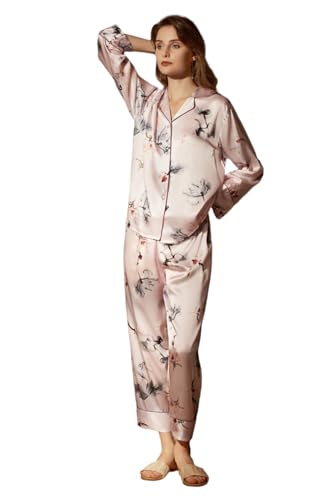 Ginell Tranquility Series Womens Silk Pajamas Set 100% Mulberry Silk Solid Colors Button Front 2 Piece PJ Set