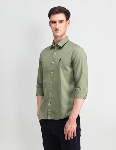Image of U.S. Polo ASSN. Solid Slim Fit Shirts for Men - 100% Cotton, Full Sleeve Mens Casual Shirts