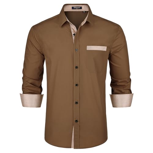 Enlision Shirts for Men UK Long Sleeve Mens Chocolate Brown Dress Formal Shirts Elegant Button Down Slim Fit Wrinkle Free for Wedding Business Work S