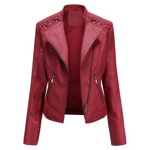 Gyozelem Jacket for Women Faux Leather Outwear with Pockets Zipper Cover