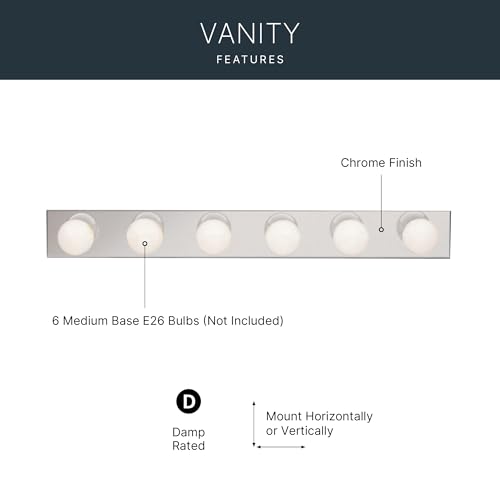 Image of Kichler 6-Light Linear Bathroom Vanity Light Fixture, 36 inch Chrome Bath Bar for Bathroom over Mirror, Modern Transitional Wall Mount Lighting (36 inch W x 4.25 inch H x 2 inch D), 626CH