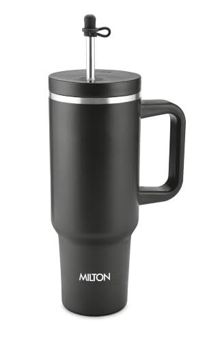 Image of Milton My Tumbler 1200 Thermosteel Double Wall Vacuum Insulated Stainless Steel Tumbler with Handle 1100ml,Leak Proof Travel Mug with Straw,Silicon Cap Cleaning Brush, Hot & Cold Beverage Flask, Black
