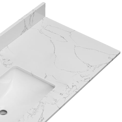 EQLOO 36 Inch Engineered Stone Bathroom Vanity Sink Top, with Undermount Rectangular Left Side Sink, Vanity Countertop with 8 inch Faucet Hole Spacing and Backsplash in Lightning White