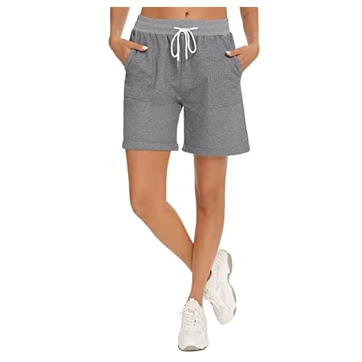 Enjyam Damshorts Bermuda-shorts med uppslag 100 % bomull sportiga korta sweatpants lösa strandshorts med ficka för sport semester, GRÅ, XXL