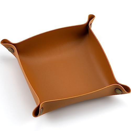 IFAMIO Decorative Foldable Valet Tray Artificial Leather Catchall Holder Small Desk Table Organizer Tray for Jewelry, Keys, Watches, Coins (Orange) - Thumbnail 2