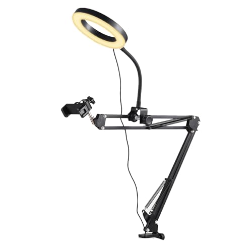 Kit da tavolo compatto con luce ad anello RGB, luce ad anello dimmerabile con braccio treppiede pieghevole, supporto per telefono con fotocamera dall'alto per studio, streaming