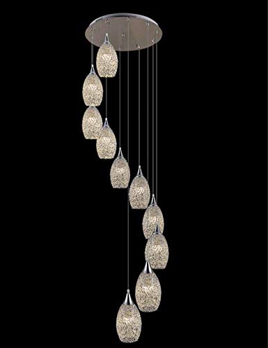Luminaire salon cathédrale moderne argenté 10 globes, grand lustre de plafond pour escalier duplex