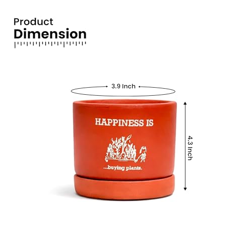 Image of Urban Plant Happy Plant Terracotta Pot with Saucer (5 Inch) | inchPlants Make People Happy inch Printed Clay Planter | Indoor Decorative Pot with Drainage Hole for Tabletop, Desk & Home Decor