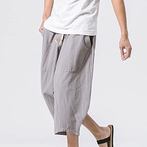 WENKOMG1 Cotton Linen Shorts for Men,Casual Loose Solid Japanese Trunks Adjustable Waist Calf Length Cropped Trousers3