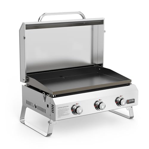 onlyfire Plancha à Gaz de Table en Inox, Barbecue Gaz avec Couvercle et 3 Brûleurs 7kW, Plancha 57x36cm avec Revêtement en Céramique Antiadhésif, Pieds...