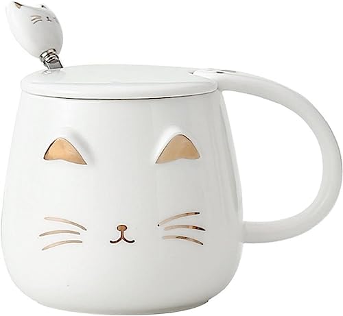 lachineuse - Tasse Chat Kawaii 450ml - Mug Chat avec Couvercle & Cuillère - Coloris Blanc & Or en Céramique - Mug à Infusion Thé Café - Tasse Originale...