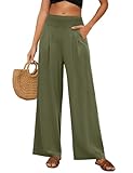 PASUDA Pantalon Femme Été Lin Pantalons Taille Haute Elastique Ample Pantacourt Coton Grande Longueur Palazzo Pants Jambe Large Fluide Droit Décontractée avec Poches (Vert, XXL)