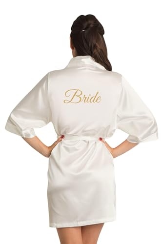 Image of Women's Silky Satin Short Bride Robe | Ultra Soft & Comfortable, Stylish Full Sleeve Lace Tie Nightdwear /Sleepwear for Bride Bridemaid- Pack of 1