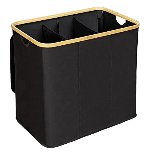WENKO Wäschetruhe Trio Mod. Ecori, 3 Fächer (je 35 Liter), Rahmen aus FSC®-zertifiziertem Bambus, Wäschesack mit Deckel aus recyceltem Polyester, 57 x 50 x 37 cm, Natur/Schwarz