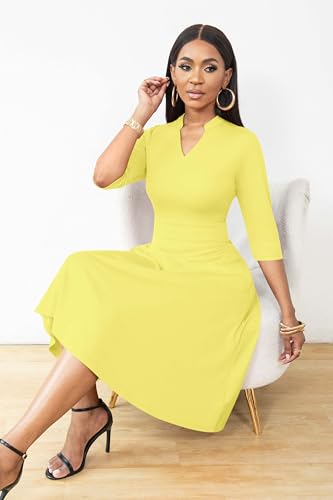 Image of Nmoder Casual Dresses for Women Semi Formal Fit and Flare 3 /4 Sleeve A-line Church Work Dress with Pockets