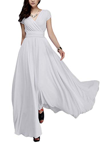 Minetom Damen Elegant Chiffon Maxi Kleid Hohe Taille Langes Abendkleid Partykleid Hochzeit Brautjungfer Brautkleid Cocktail Festliches Kleid Boho V-Ausschnitt Kurzarm Sommerkleid Weiß 34