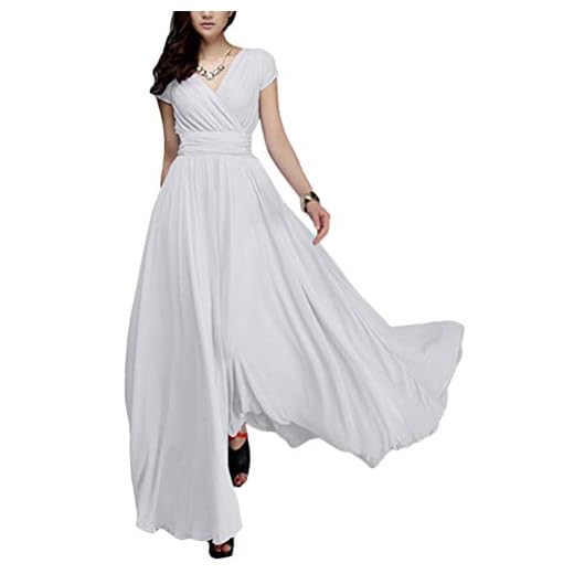 Minetom Damen Elegant Chiffon Maxi Kleid Hohe Taille Langes Abendkleid Partykleid Hochzeit Brautjungfer Brautkleid Cocktail Festliches Kleid Boho V-Ausschnitt Kurzarm Sommerkleid Weiß 34