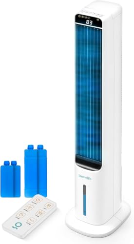 SereneLife Enfriador de Aire Evaporativo, de Torre con Mando a Distancia, Tanque de 5L, 4 Cajas de Hielo, 3 Velocidades, Enfriador de Pie Silencioso con Oscilacion, Portatil, Eficiente en Energia