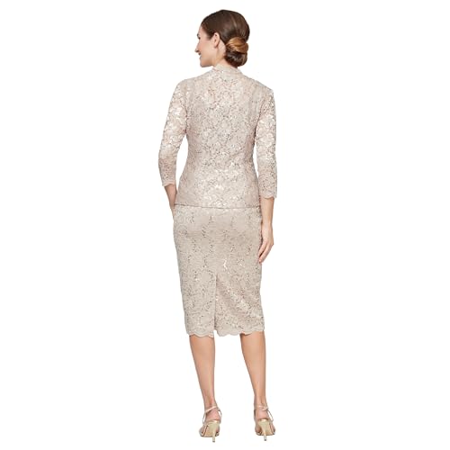 Image of S.L. Fashions Women's Tea Length Sequin Lace Mother of The Bride Dress with Illusion Sleeve Jacket