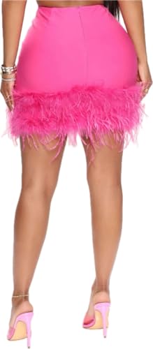 QA-89 Women's Pink Hip Wrapped Skirt with Real Ostrich Feather Hair Spliced Slim Fit Short Mini Skirts