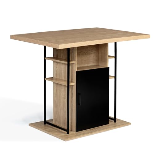IDMarket - Ilot central UGO 110 cm bois noir et imitation hêtre avec rangements design industriel