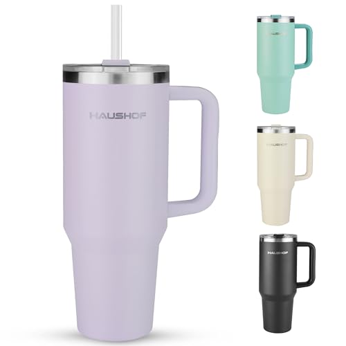 HAUSHOF 40 oz Tumbler with Handle and Straw, Insulated Stainless Steel Coffee Tumbler with Tritan Lid, Double Walled Travel Mug Water Bottle Cup, Large Tumbler for Hot and Cold Drinks Cream