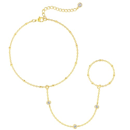 AGWOLF Bracelets for Women,14K Gold/Silver Plated Dainty Hand Chain Bracelets Trendy Ring Bracelet Charm Gold Cuff Bangle Stackable Bracelets Jewelry Adjustable 7