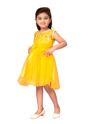 Image of Aarika Girls Yellow Colour Polyester Self Design Frock