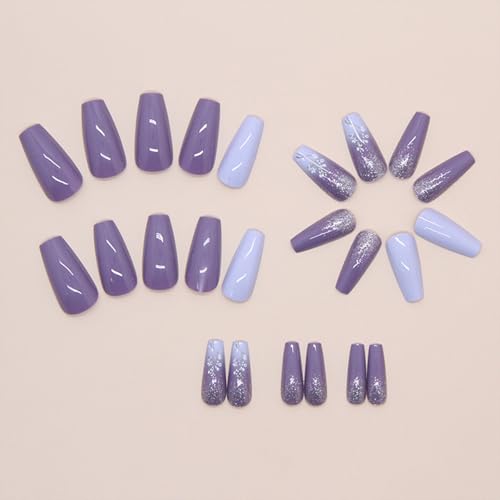 Tyuimhx Purple Press on Nails Medium Coffin Fake Nails With Leaves Designs Glitter False Nails Glossy Full Cover Stick on Nails Acrylic Reusable Artificial Nails for Women Glue on Nails 24 Pcs