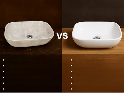 Image of Ceramic Tabletop Wash Basin - Glossy Rectangular Countertop Vessel Sink with Marble Finish for Bathroom & Vanity | Compact 18 x 13 x 5 Inch | Elegant Washbasin