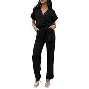PRETTYGARDEN Womens Short Sleeve Wrap V Neck Belted Wide Leg Jumpsuit