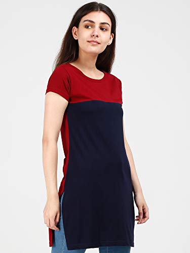 Image of FLEXIMAA Women's Cotton Round Neck Color Block Half Sleeve Long Top