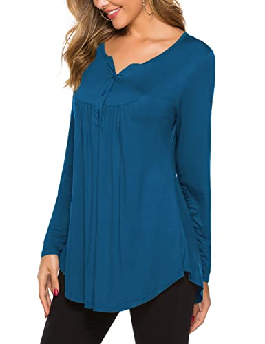 Halife Plus Size Tunic Tops For Women 2X Casual Long Sleeve Maternity Blouse V-Neck Pleated Henley Fall T-Shirt Cyan #TOP4