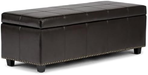 SIMPLIHOME Kingsley 48 inch Wide Transitional Rectangle Large Storage Ottoman in Coffee Brown Vegan Faux Leather, Assembled, For the Living Room, Entryway and Family Room