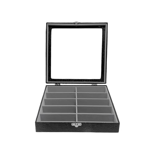 Estojo Porta Óculos 10 Casulos Preto Com Interno Aveludado Cinza Caixa Organizador Maleta