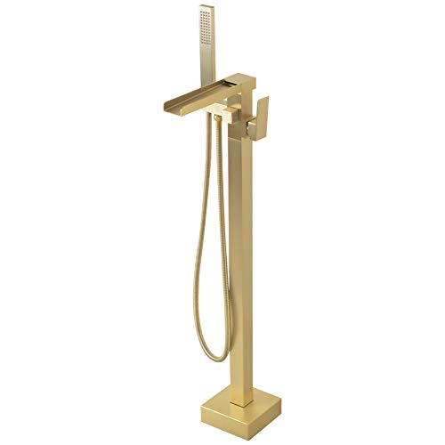 SHAMANDA Luxury Freestanding Bathtub Faucet Single Handle Waterfall Tub Filler with Handheld Shower Brushed Gold, Floor Mounted, FL701-3